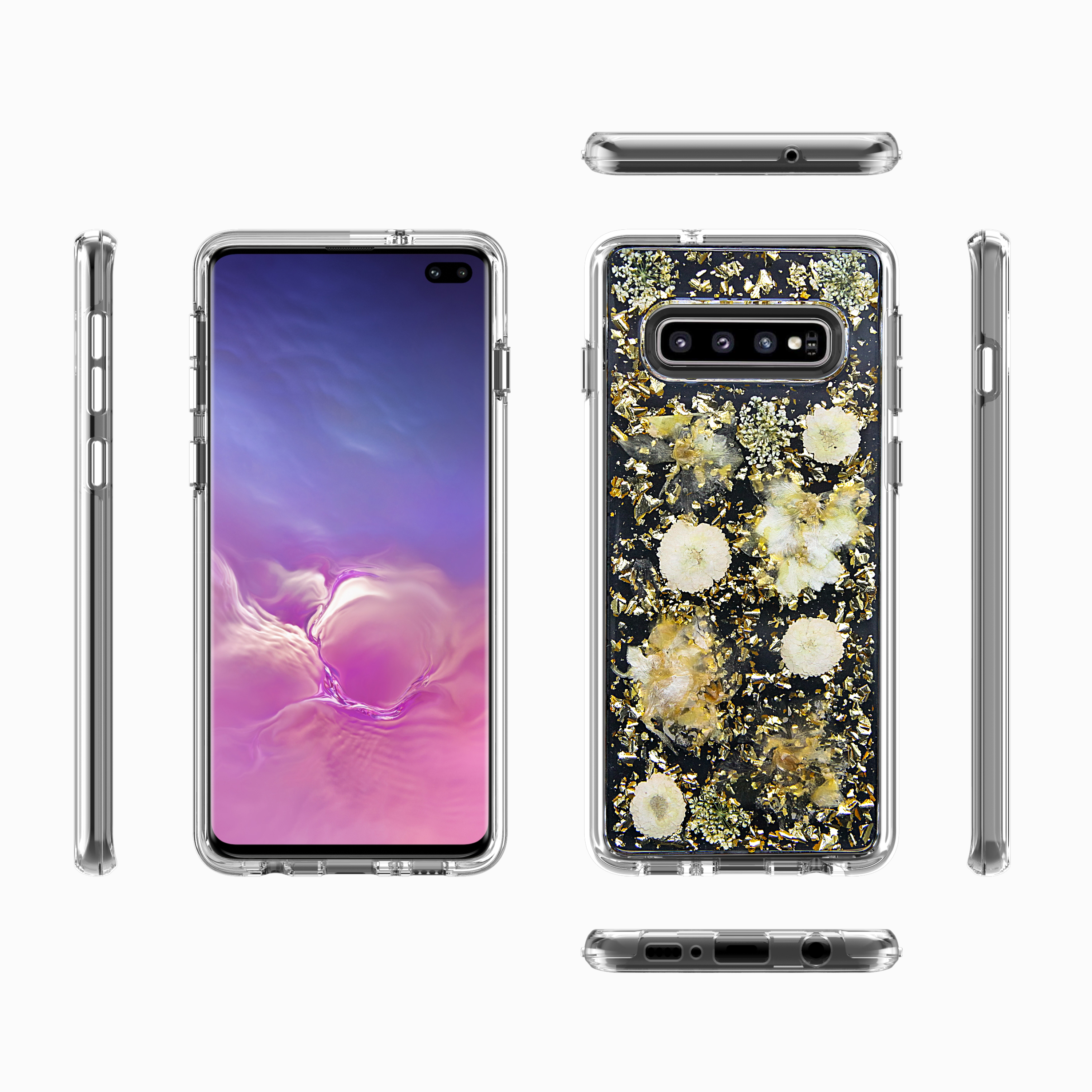 Galaxy S10e Luxury GLITTER Dried Natural Flower Petal Clear Hybrid Case (Gold Yellow)